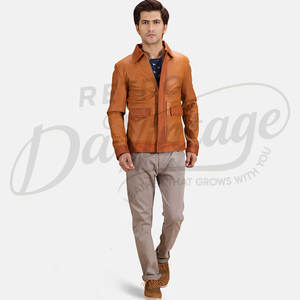 เสื้อแจ็คเก็ตหนังแท้สำหรับผู้ชาย สีแทนและสีคอนยัค หนังแกะแท้ ทรงสลิมฟิต แบบสองสี ซิปหน้า สไตล์แฟชั่น - Product Image 3