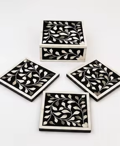 <b>Black</b> and White Leaf Pattern Square Handmade Bone Inlay <b>Coaster</b> Set From REHMAN CRAFT - Product Image 5