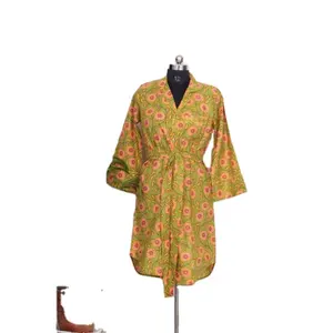 Urlaubskleid indische Baumwolle langes Wickelkleid Hausmantel mit Gürtel und Knopf Damen-Nachttisch Hemd Langes Kimonohemd