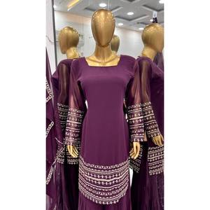 Ensemble de vêtements de fête pour femmes de créateur avec haut de travail à broderie lourde et Sharara Dupatta - Product Image 6