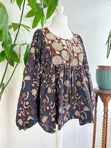 Chemisier bohème floral terreux en pur coton Top Indian Bagru Block Print Comfy Daywear - Product Image 3