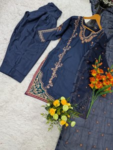 Women Navy Blue Silk Salwar Kameez With Gold Embroidery Ankle-Length Party Wear Elegant <b>Loose</b> Fit India Pakistan Ethnic Clothing - Product Image 6