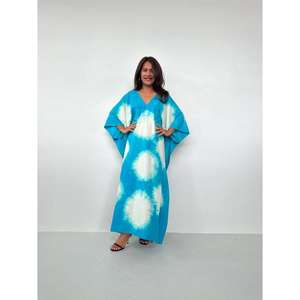 Vestido Kaftán Largo para Mujer, Estilo Tie Dye, Azul y Blanco, Cuello en V, Corte Holgado, Manga Larga, Lavable, Estilo Resort - Product Image 1