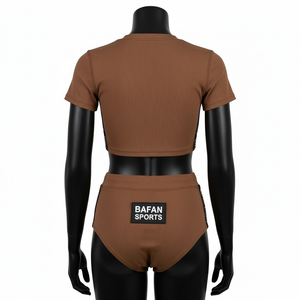 Traje de Baño de Dos Piezas para Mujer, 220 GSM, Tejido de Poliéster y Spandex Acanalado, Panel Marrón, Logotipo Personalizado - Product Image 5