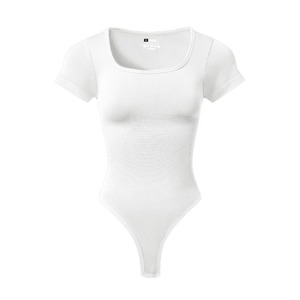 Mono de punto negro de cintura alta para mujer, manga corta, cuello cuadrado, control de abdomen, moldeador, para todas las estaciones, ajuste regular - Product Image 2