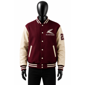 Chaqueta Varsity para Hombre, Cuerpo de Lana, Mangas de Cuero, Logotipo Bordado, Estilo Invernal, Cuello Acanalado - Product Image 4