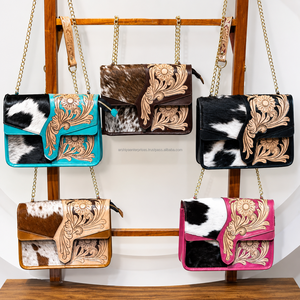 New Arrival Luxury Handmade Hair On Cowhide Genuine <b>Leather</b> Crossbody Bag <b>Tooled</b> Floral Western Women's Shoulder Messenger Bag - Product Image 4