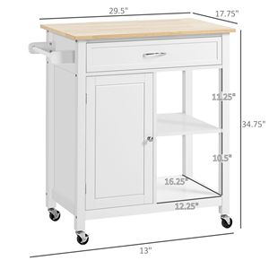 Modern White Rolling Kitchen Island Solid Wood with Adjustable <b>Open</b> Shelf <b>Storage</b> Drawer and MDF Particle Board Panels - Product Image 3