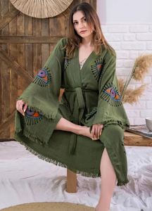 Atractivo Conjunto Bohemio Orgánico Elegante Hecho a Mano con Ojo Turco y Cinturón, para el Hogar, Kimono de Manga Larga Bordado, Cubrebaño de Playa - Product Image 3