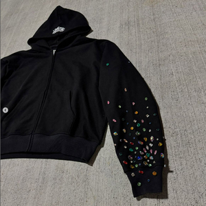 Sweat à capuche zippé personnalisé noir avec strass, streetwear oversize hiver pour hommes et femmes, cristaux colorés, tissu respirant - Product Image 4