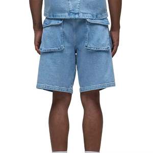 Custom Disstress Embroidery Logo Side Cargo Pockets Baggy Jorts Fashionable Blue Stone Washed Knee Length <b>Hip</b> Hop Denim Shorts - Product Image 5