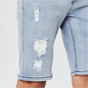 Shorts de Mezclilla Azul Claro para Hombre, Cintura Media, Desgastados, Transpirables, 100% Algodón, Lavado Claro, Estilo Casual Otoñal - Product Image 4
