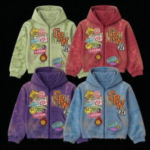 Sweat à capuche zippé personnalisé pour homme en coton, design brodé, épais 450 g/m², patchwork, coupe courte et carrée, en molleton bouclette effet délavé au soleil - Product Image 1