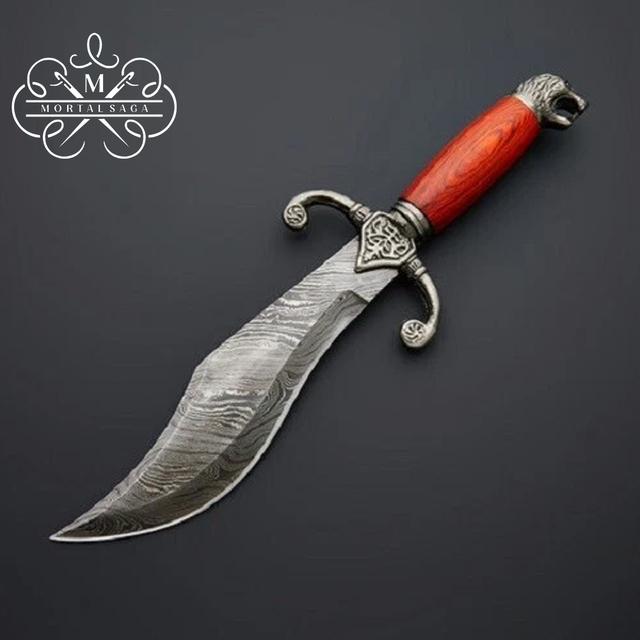 MORTAL SAGA High Quality Damascus Steel Hunting Knife with Wood Handle and Lion Head Pommel Customizable Outdoor Camping Use