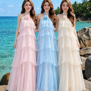 ชุดเดรสยาวทรงเจ้าหญิงผ้าลูกไม้จีบระบายสำหรับผู้หญิง เอวธรรมชาติ ทรงเข้ารูป สายเดี่ยว ผ้าชีฟอง สวมใส่สบาย ซักได้ ราคาโรงงาน รับสั่งทำ - Product Image 1