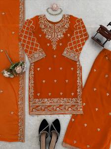 TENNECY Orange Color Faux Georgette Fabric Sequence Work Women's Party Style All Seasons Palazzo <strong>Suit</strong> - Product Image 5