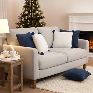 SOGA 5PC <b>Navy</b> Blue Diamond Knit Pillowcase Cream White Ribbed Knit <b>Pillow</b> Cover Pom-Poms Decorative Throw <b>Pillows</b> Set for Decor - Product Image 6