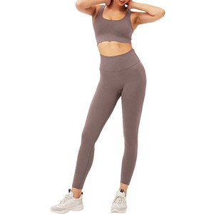 Women's Seamless High Waist Yoga Set Solid Gray Racerback Sports Bra Full Length Leggings 2 Piece - Product Image 3