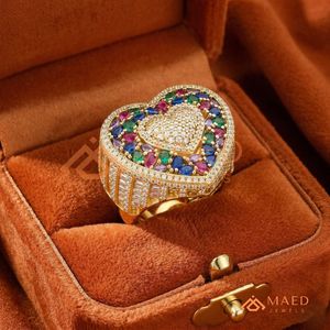 14k 18k Gold Plated Multi-Color Gemstone Heart <b>Statement</b> <b>Ring</b> - Pave Set Diamond Heart Center with Rainbow Halo - Product Image 2