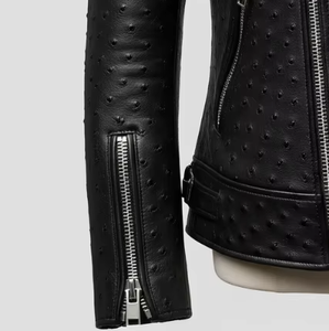 Veste en cuir de vachette de style motard, cuir embossé d'autruche, fermeture éclair de qualité supérieure, double col, qualité supérieure - Product Image 2