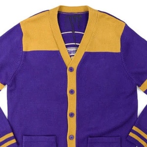 University Men's Purple Yellow Color Block Knitted Cardigan Sweater V Neck Button Up <b>Long</b> <b>Sleeve</b> Winter <b>Top</b> - Product Image 2