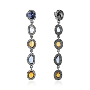 Pendientes Colgantes de Plata 925 Oxidada con Diamantes Naturales y Múltiples Gemas de Zafiro, Joyería Fina al por Mayor - Product Image 5