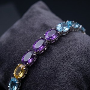 Vintage 925 Sterling Silver multi <b>gemstone</b> <b>Bracelet</b> with Amethyst Citrine Blue Topaz & Women's Classic Everyday Wear Jewelry - Product Image 1