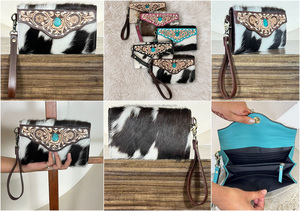 Handmade Tooled Cowhide Leather Wristlet Clutch Western Floral Wallet Turquoise Concho Hair On Hide Purse Trending Designer <b>Bag</b> - Product Image 3