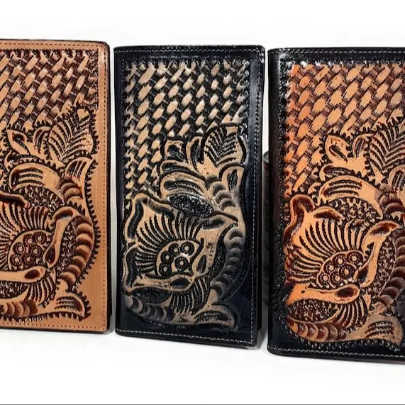 Bestselling Tall Bi fold cowboy Wallet Luxury Satchel Men's Wallet with phone case New Fresh Arrival Handtooled work