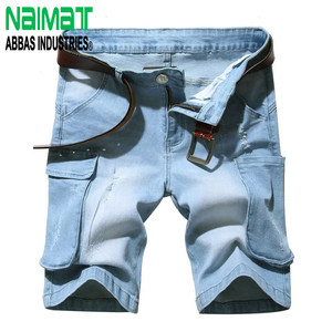 Pantalones Cortos de Mezclilla para Hombre, Lavado Claro, Estilo Cargo, Corte Ajustado, Desgastados, con Múltiples Bolsillos, Casuales, de Verano, de Algodón - Product Image 1