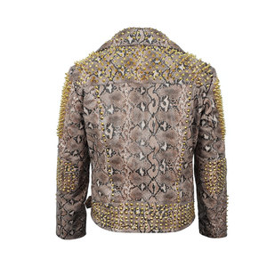 <b>Men's</b> Snake Print PU Moto <b>Jacket</b> With Rivet Decoration Turn-down Collar Zipper Closure Slim Fit Autumn Style - Product Image 2