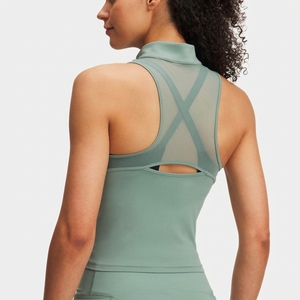 <b>Women's</b> Pickleball Sleeveless Racer Back Polo tank <b>Top</b> Sheer <b>Mesh</b> Back Panel Ventilation Cutout O-Neck Embroidery Front - Product Image 1