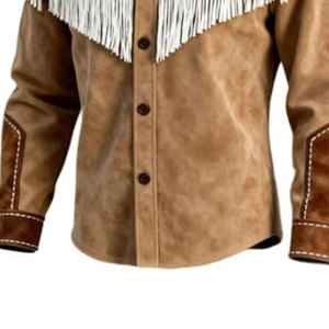 <b>Men's</b> <b>Suede</b> Western Shirt <b>Jacket</b> With White Fringe And Embroidery Turn-down Collar Regular Fit Winter Style - Product Image 5