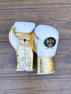 RTS Wholesale Price High Quality Design No Boxing No Life Boxing Gold & White <b>Gloves</b> Genuine <b>Leather</b> Cowhide Skin Sparring <b>Glove</b> - Product Image 4