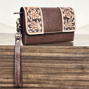 Premium Designer Latest Pattern Hand Tooled Cowhide Leather Wallet for Women With Wristlet High Quality Stylish Floral <b>Purse</b> - Product Image 5
