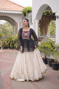 Elegant Black Striped <b>Top</b> With Cream Silk Lehenga Choli Traditional <b>Indian</b> Wedding Wear For Women Loose Fit Floor Length - Product Image 6
