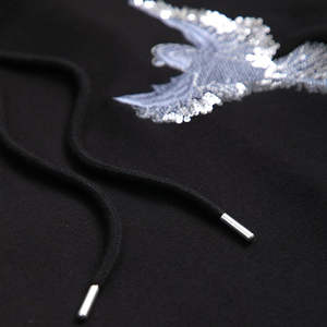 Sweat-shirt à capuche noir pour homme, motif oiseaux brodés de sequins, coupe oversize, décontracté, en coton tricoté, pull d'hiver avec poche - Product Image 5