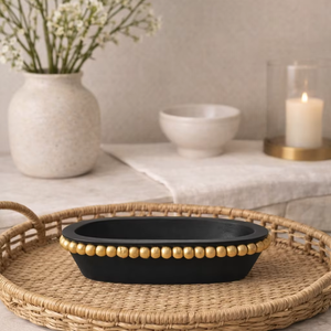 Bol à bougie antique vintage en bois de manguier noir et or, sculpté à la main, style américain, avec perles, pour remplissage de cire - Product Image 6