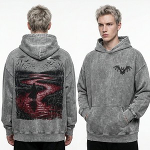 Custom Grey Vintage Wash Hoodie Men Oversized Streetwear Vampire Monolith Graphic Print Heavy Fleece Pullover Hooded Sweatshirt - Product Image 6