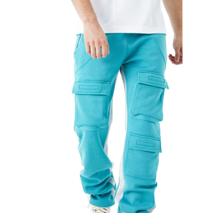 Pantalones deportivos de felpa turquesa para hombre, cintura elástica, múltiples bolsillos, estilo casual, joggers de primavera, lavados, estilo urbano. - Product Image 1