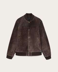 <b>Men's</b> Brown <b>Suede</b> Bomber <b>Jacket</b> Stand Collar Casual Autumn Style Regular Fit Button Closure Solid Color - Product Image 1