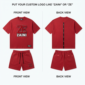 ZAINI Luxury 280 GSM 100% Polyester French Terry <b>Red</b> T Shirt Shorts Set Custom Chenille Embroidery Logo OEM ODM Breathable - Product Image 1
