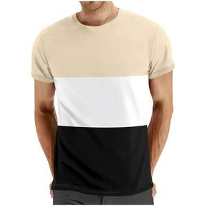 T-shirt décontracté à manches courtes et col rond pour homme, 100 % coton, 180 GSM, avec logo personnalisé OEM, blocs de couleur et imprimé rayé – Vente en gros - Product Image 4