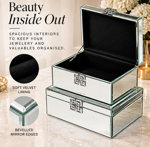 Silver <b>Mirrored</b> Glass <b>Jewelry</b> <b>Storage</b> Box Set with Geometric Metal Clasp Beveled Edges Soft Velvet Lining Decorative Organizer - Product Image 5
