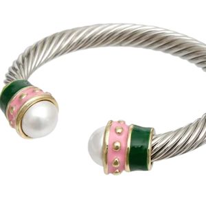 Bracelet jonc épais classique rose et vert en argent pour femme, élégant avec breloque perle, accessoire de mode, cadeau pour fête et usage quotidien - Product Image 4