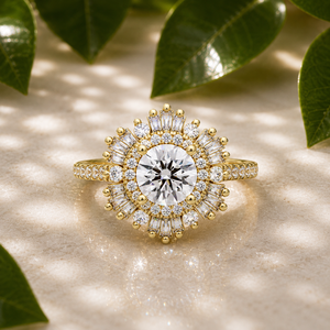 Bagues de fiançailles en or jaune 14 carats avec diamant de laboratoire rond Sunburst Ballerina Halo, certifiées IGI, bijoux personnalisés, vente en gros, directement de l'usine - Product Image 1