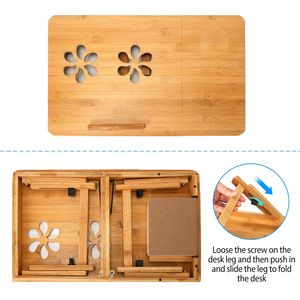 Tavolino per Laptop in Bambù con Vassoio da Letto Pieghevole, Gambe Regolabili, Superficie Inclinabile Multi-Posizione e Vano Laterale - Product Image 4