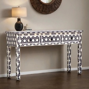 Table console réglable en hauteur, peinte à la main, motif floral noir et blanc, thème indien, avec tiroir et portes, décoration d'intérieur - Product Image 2