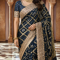 Sari en soie bleu marine Bandhani avec broderie Zari dorée, élégant, longueur genou, pour femme, idéal pour mariage/fête/Diwali, coupe classique