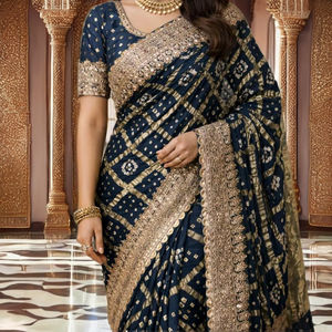 Sari de Seda Azul Marino con Bordado Zari Dorado, Elegante, Hasta la Rodilla, para Mujer, para Bodas/Fiestas/Diwali, de Secado Rápido y Elástico - Product Image 1
